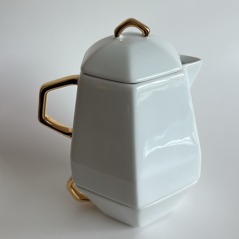 CB2 White Hexagonal Stacking Teapot Cup Gold Trim Tea For One - Picture 11 of 11